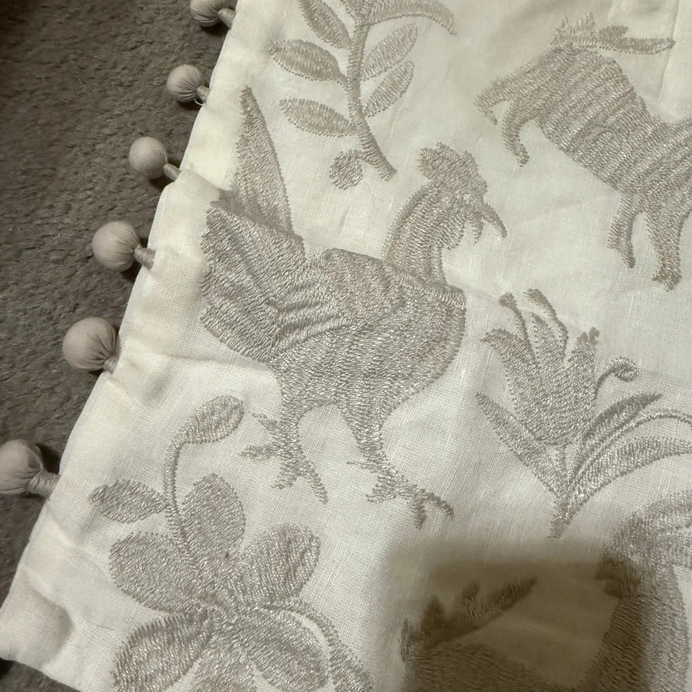 Embroidered White & Gray Decorative Pillow Cover Pom Pom Trim Animal Floral